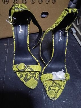 Qupid Yellow Snake-Print Ankle Strap Heels